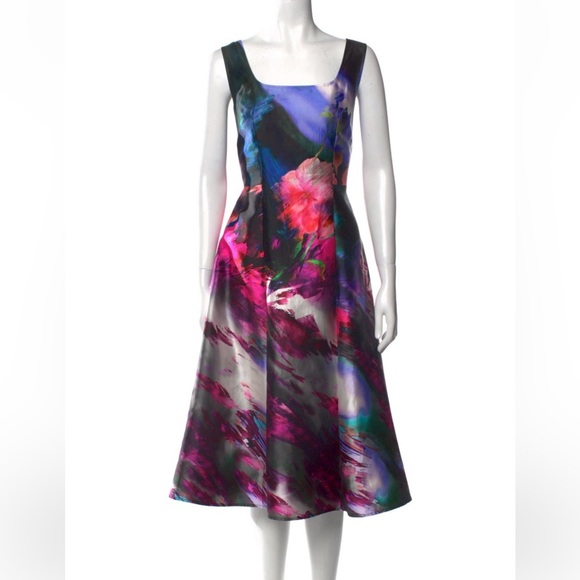 St. John Silk Cotton Printed Midi Length Colorful Fit and Flare Dress size 2 - Picture 1 of 15